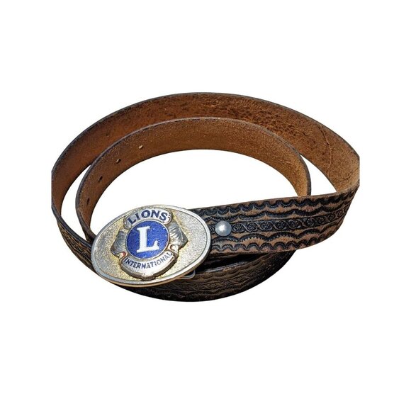 Vintage Lions Club International Brown Leather Belt Double Lion Head Logo Buckle - Picture 1 of 6